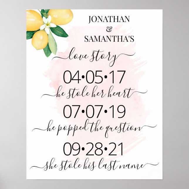 Unsere Liebe Story Best Day Lemons Pink Wedding Poster (Vorne)