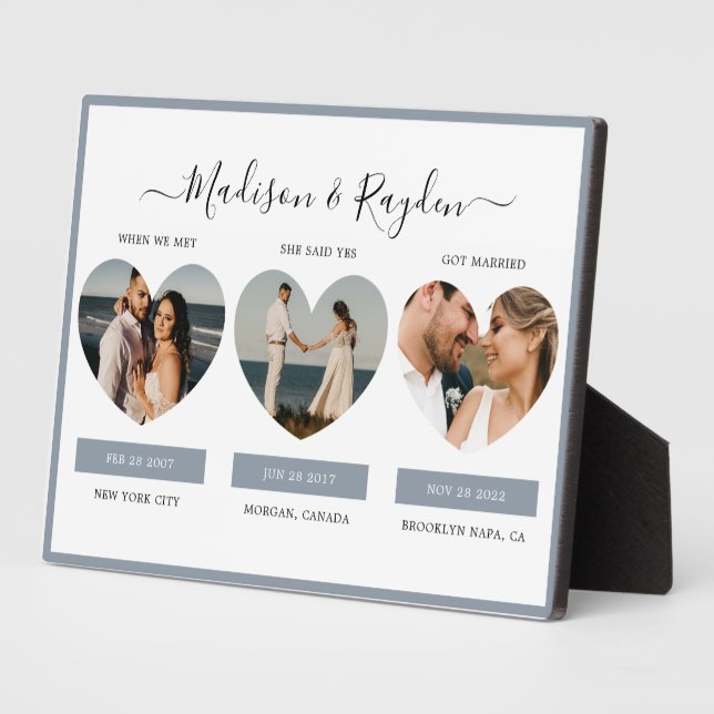 Unsere Liebe Story Foto Dusty Blue Wedding Plaque Fotoplatte (Seite)