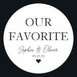 UNSERE LIEBLINGE Dessert Candy Bar Herz Gastgesche Runder Aufkleber<br><div class="desc">Ein klassischer Black Danke You Wedding Sticker mit "Our Favorite" in einem klassisch-modernen eleganten Schriftart. Sie können es einfach mit Ihren Namen und Hochzeitsdatum personalisiert.</div>