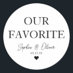 UNSERE LIEBLINGE Dessert Candy Bar Herz Gastgesche Runder Aufkleber<br><div class="desc">Ein klassischer Black Danke You Wedding Sticker mit "Our Favorite" in einem klassisch-modernen eleganten Schriftart. Sie können es einfach mit Ihren Namen und Hochzeitsdatum personalisiert.</div>