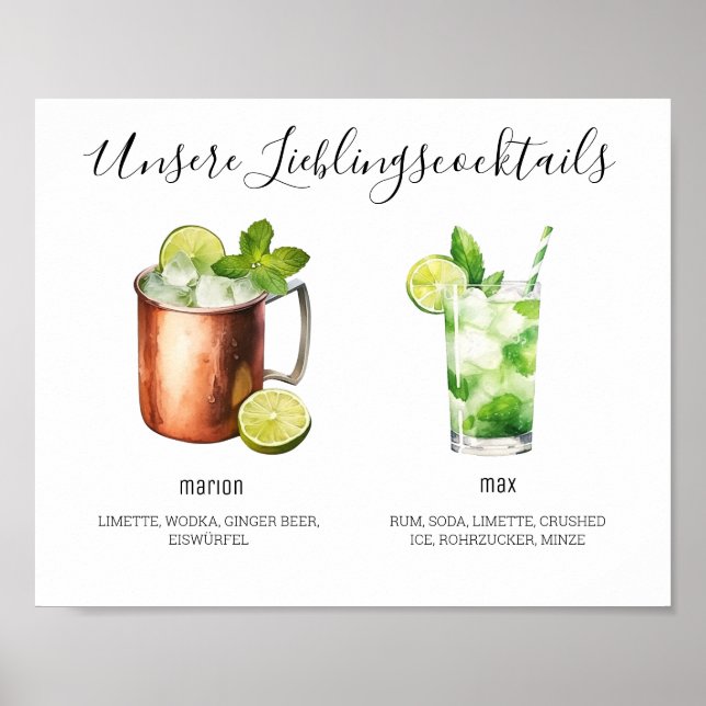 Unsere Lieblingscocktails Hochzeit Poster (Vorne)