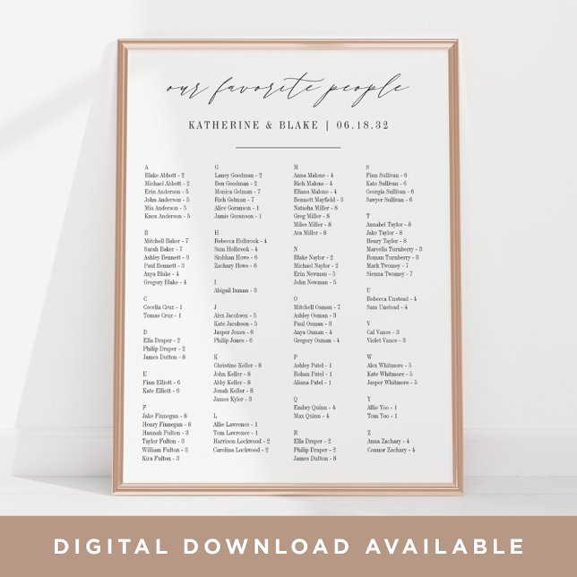 Unsere Lieblingsmenschen | Alphabetische Sitztabel Poster (Von Creator hochgeladen)