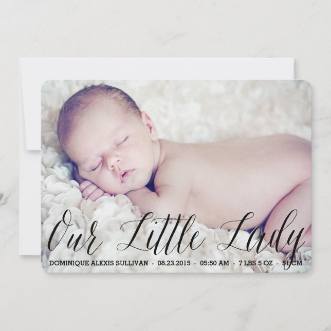 Unsere Little Lady Script Foto Geburtserklärung Ankündigung (Vorderseite)
