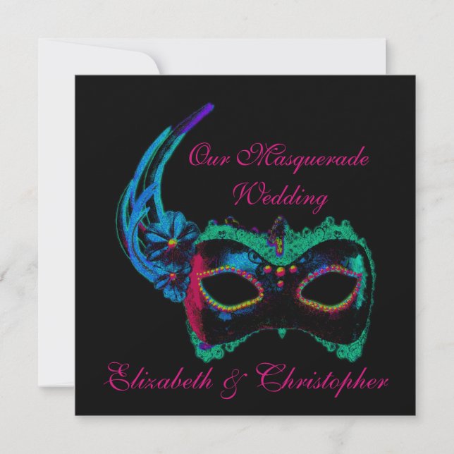 "Unsere Maskenhochzeit" - Blau und Rosa Einladung (Vorderseite)