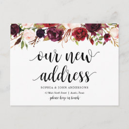 Unsere neue Adresse, bordeauxfarbene Blüte, Ankünd Postkarte