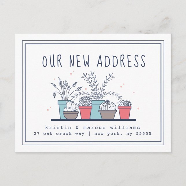 Unsere neue Adresse | Doodle House-Pflanze Postkarte (Vorderseite)