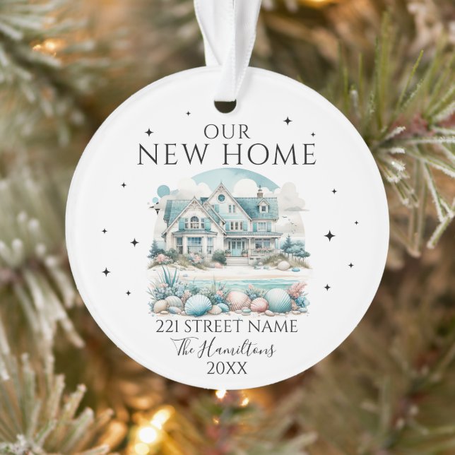 Unsere neue Beach Zuhause Custom Address Christmas Ornament (Baum)