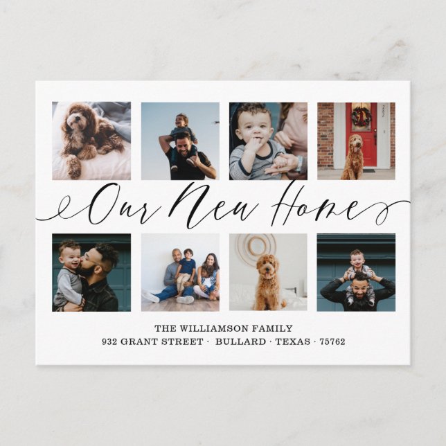 Unsere neue Zuhause Elegante Script Foto Collage M Postkarte (Vorderseite)