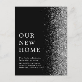 Unsere neue Zuhause Elegante Silver Glitzer Black Ankündigungspostkarte
