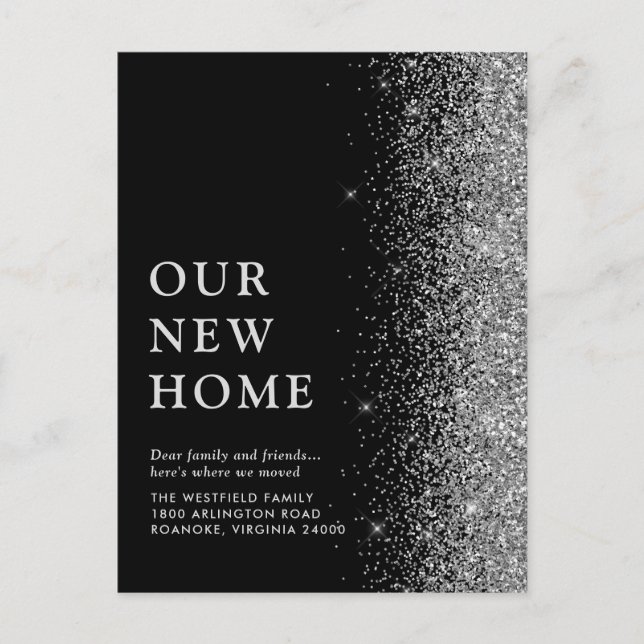 Unsere neue Zuhause Elegante Silver Glitzer Black  Ankündigungspostkarte (Vorderseite)