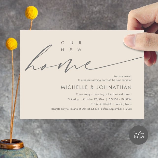 Unsere neue Zuhause, Party-Feier zum Thema Hauswär Einladung (Our New Home, Housewarming Party Celebration Card, PDF, Modern Minimalist Script, in Cream Dark Grey)