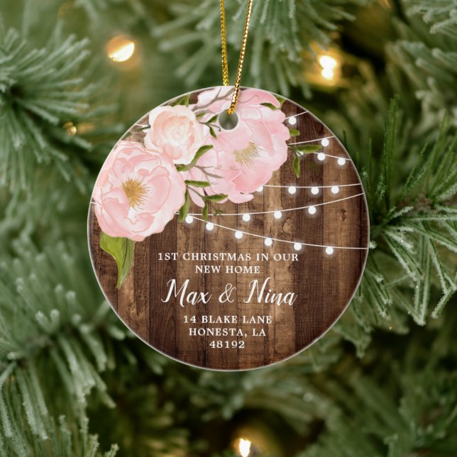 Unsere neue Zuhause Personalisierte Holzkörnerhitz Keramik Ornament (Baum)