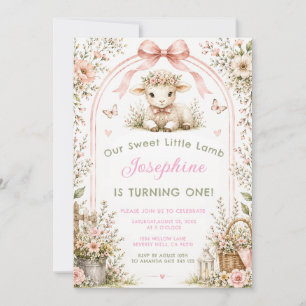 Unsere süße kleine Lamm-Pink-Floral-Erstgeburtstag Einladung
