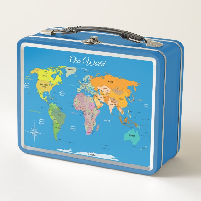 Unsere "World Map Metal Lunch Box" Metall Brotdose (Vorderseite)