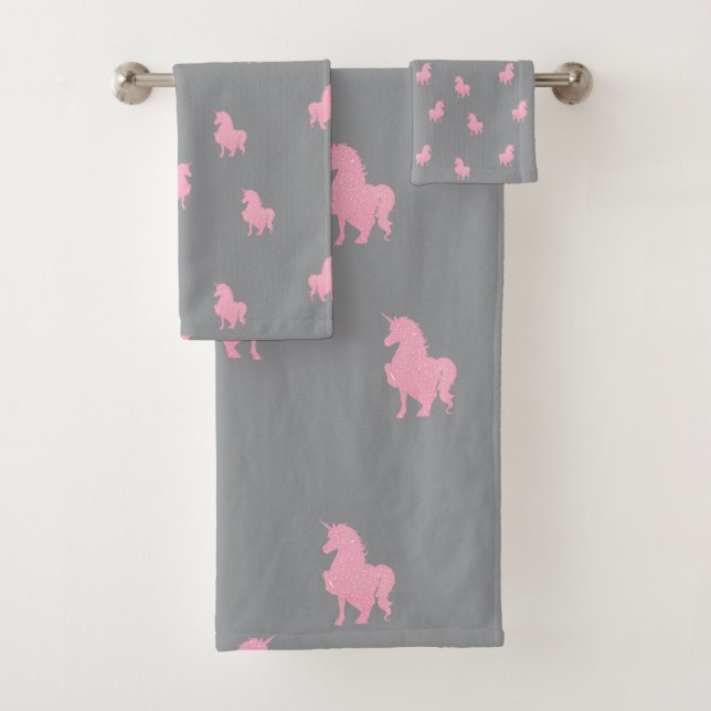 Unsichtbares rosa Einhorn auf Grau Badhandtuch Set (Insitu)