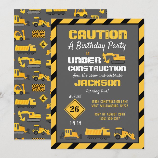 Unter Bau Geburtstagspartei Grau Einladung (Vorne/Hinten)