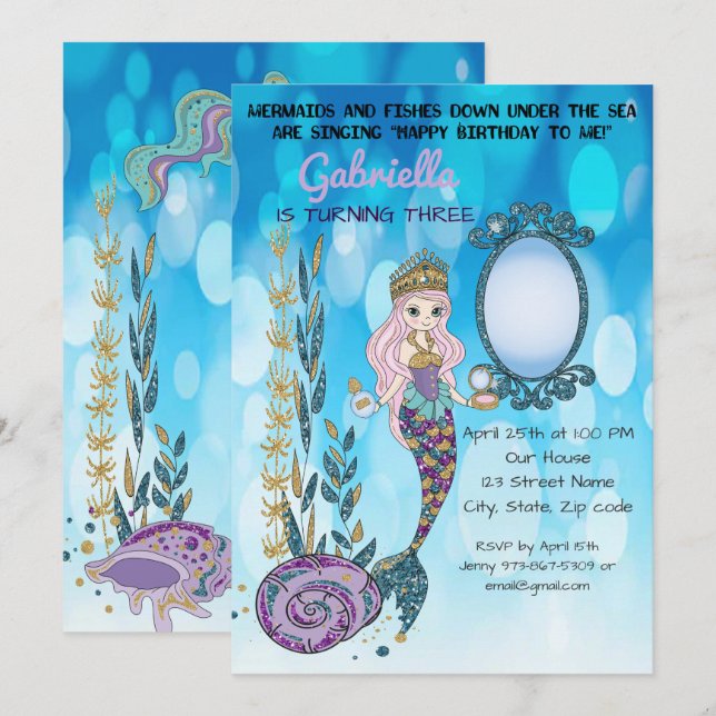 Unter dem Glitzer Mermaid zum Geburtstag Einladung (Vorne/Hinten)
