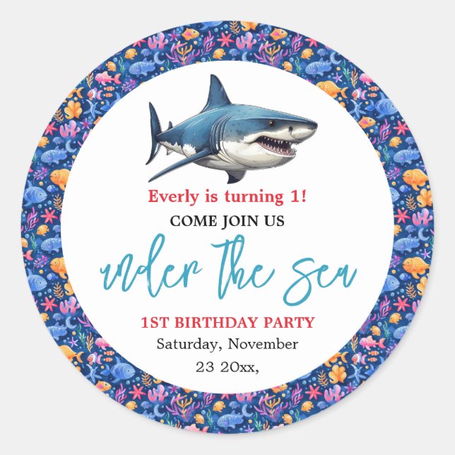 Unter dem Meer 1. Geburtstag Party Runder Aufkleber (Vorderseite)