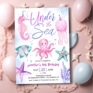Unter dem Meer! 4. Geburtstagsmädchen Pink Ocean Einladung