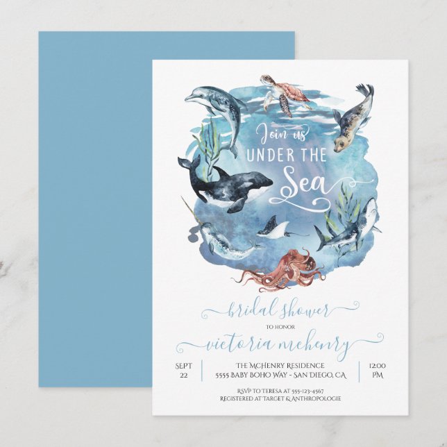 Unter dem Meer Aquarell Bridal Babydusche Einladung (Vorne/Hinten)