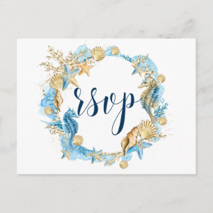 Unter dem Meer Blau Gold Weiße Sommerhochzeit RSVP Einladungspostkarte