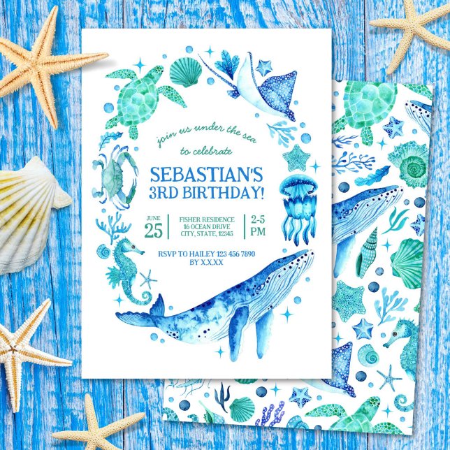 Unter dem Meer Blaue Meereslebewesen Einladung (Under the Sea Watercolor Sea Creatures Blue Invitation)