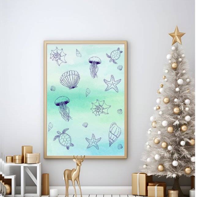 Unter dem Meer Blaue Meeresschildkröte-Linie Kunst Poster (Von Creator hochgeladen)