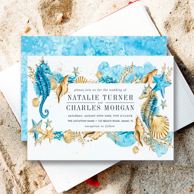 Unter dem Meer blauer Goldener Sommerhochzeit Einl Einladung (Front & Back)