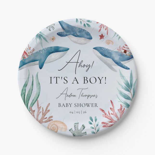 Unter dem Meer Blauer Whale Boy Babydusche Pappteller (Vorderseite)