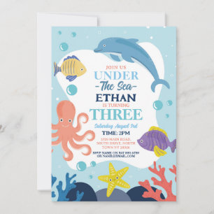 Unter dem Meer DREI Ozean Delfin Tintenfisch 3. Einladung