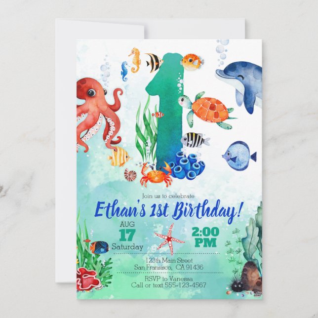 Unter dem Meer Einladung für den 1. Geburtstag (Vorderseite)