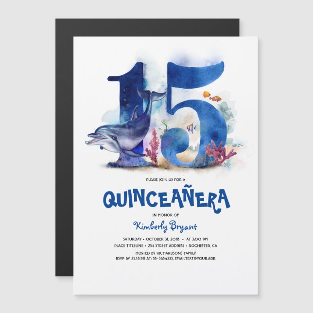 Unter dem Meer einzigartig Quinceanera 15. Geburts Magneteinladung (Vorne/Hinten)
