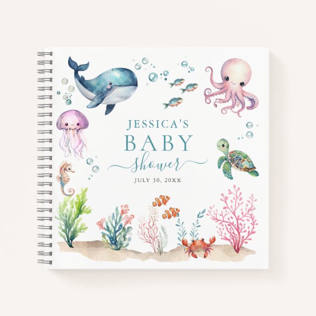 Unter dem Meer farbenfrohe Meerestiere Babydusche Notizbuch (Vorderseite)