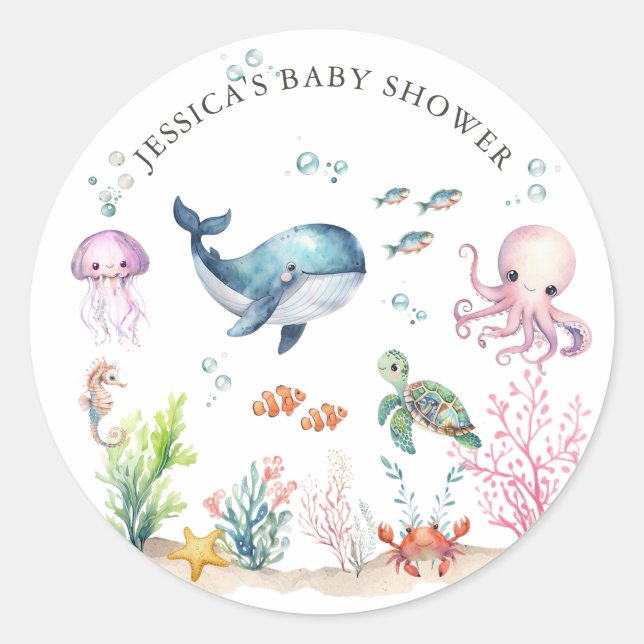 Unter dem Meer farbenfrohe Meerestiere Babydusche Runder Aufkleber (Vorderseite)