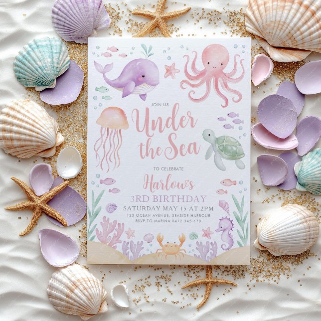 Unter dem Meer Mädchen Birthday Pink Einladung (Under the Sea Birthday Invitation | Ocean animal theme in purple pink)