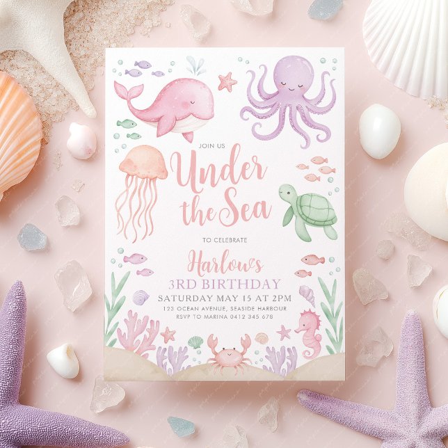 Unter dem Meer Mädchen Geburtstag Einladung (Under the Sea Birthday Invitation | Girl's ocean animal birthday invite in purple and pink)