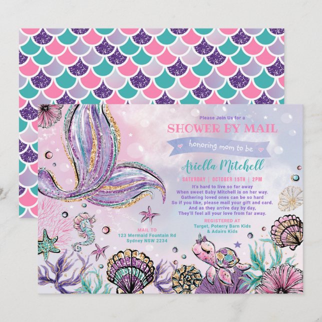 Unter dem Meer Mermaid Babydusche per Post Einladung (Vorne/Hinten)