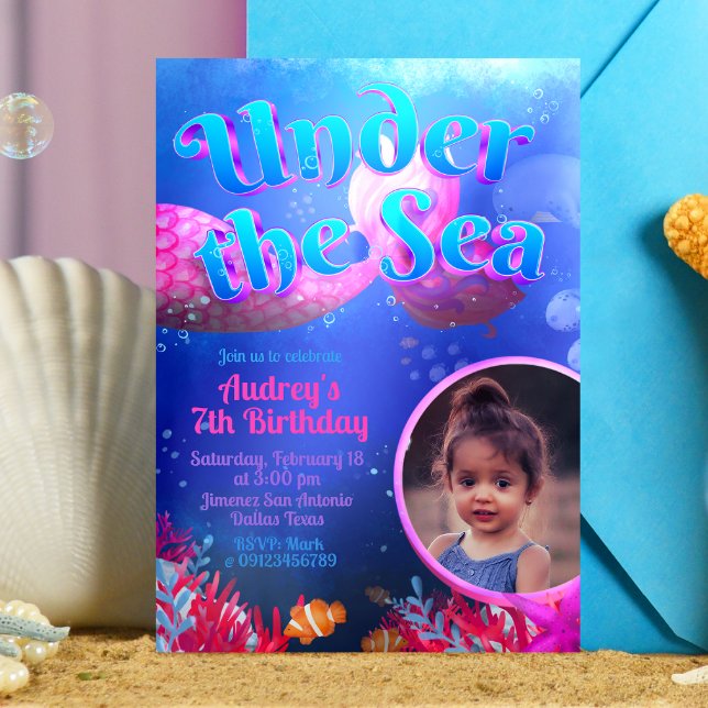 Unter dem Meer mit Foto Einladung (Under the Sea - Mermaid Girl  Invitation with Photo)