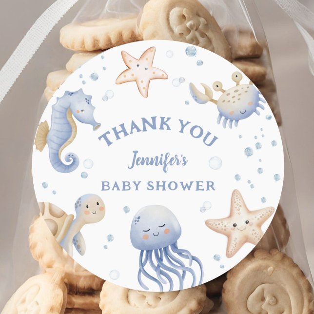 Unter dem Meer! Niedlich Blue Boy Baby Dusche Runder Aufkleber (Von Creator hochgeladen)