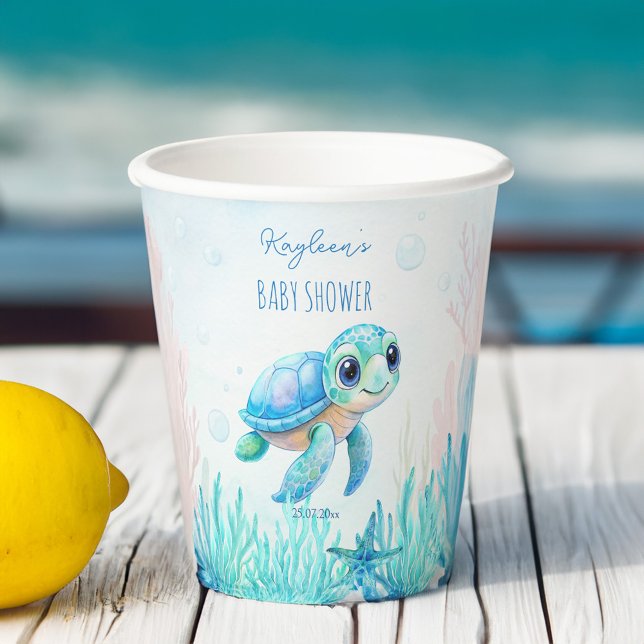 Unter dem Meer niedliche Schildkröte Aqua Blue Bab Pappbecher (Under the sea cute turtle aqua blue boy baby shower monogram personalized paper cups table decor)