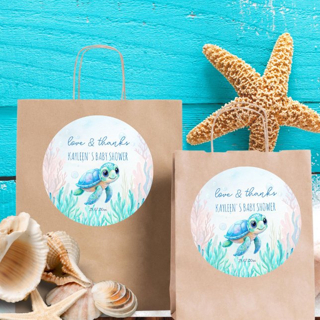 Unter dem Meer niedliche Schildkröte Aqua Blue Gef Runder Aufkleber (Under the sea cute sea turtle aqua blue baby shower thank you favor sticker template)