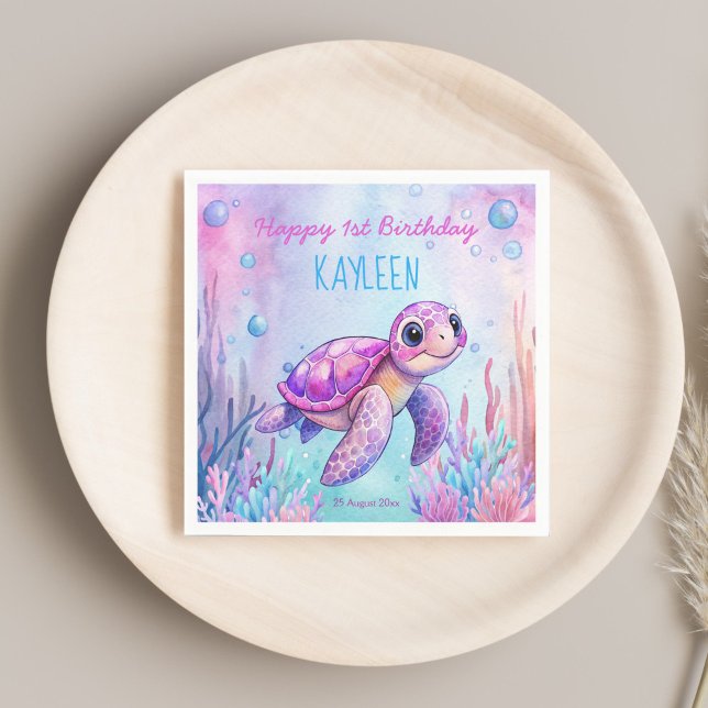 Unter dem Meer niedliche Schildkröte rosa lila Geb Serviette (Under the sea cute turtle pink purple girls birthday party personalized napkins table decor)