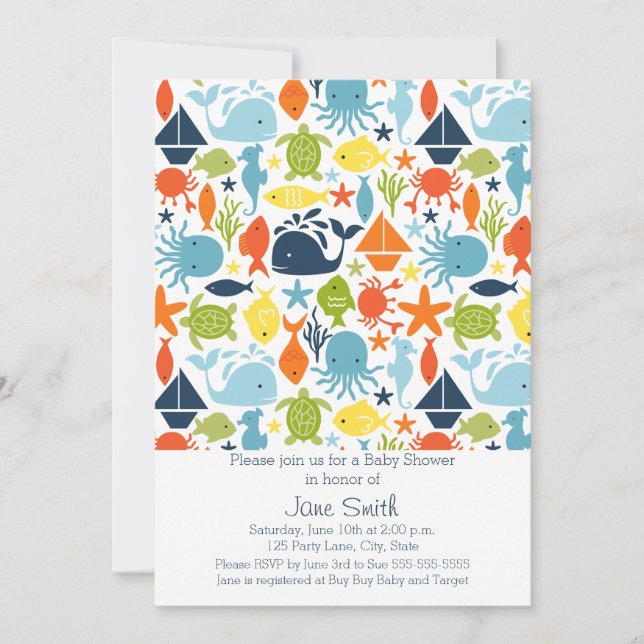 Unter dem Meer, Ozean Creatures Baby-Dusche Einladung (Vorderseite)