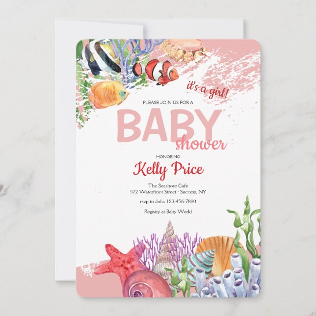 Unter dem Meer Pink Babydusche Einladung (Vorderseite)