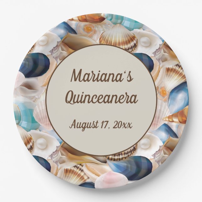 Unter dem Meer Quinceanera Party Seashells Muster Pappteller (Vorderseite)