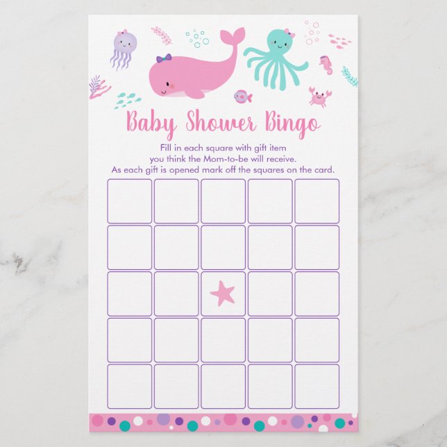 Unter dem Meer rosa Lila Baby-Dusche Bingo-Spiel (Vorderseite)