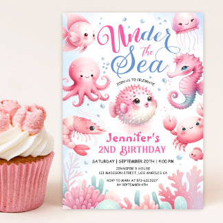 Unter dem Meer! Rosa Niedlich Ocean Girl 2. Geburt Einladung