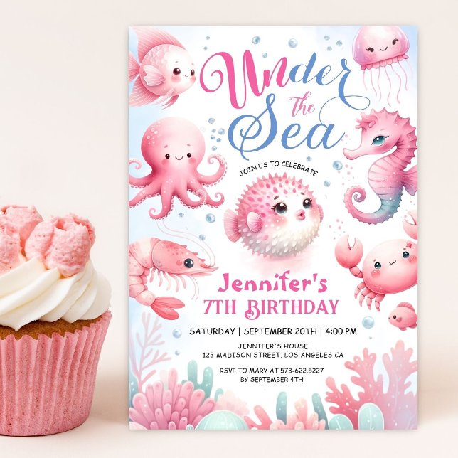Unter dem Meer! Rosa Niedlich Ocean Girl 7. Geburt Einladung (Von Creator hochgeladen)