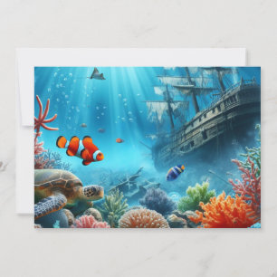 Unter dem Meer, Schildkröte, Korallen, Schiff, Clo Feiertagskarte