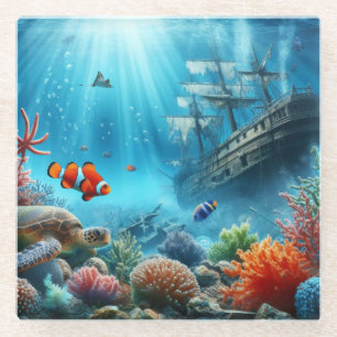 Unter dem Meer, Schildkröte, Korallen, Schiff, Clo Glasuntersetzer